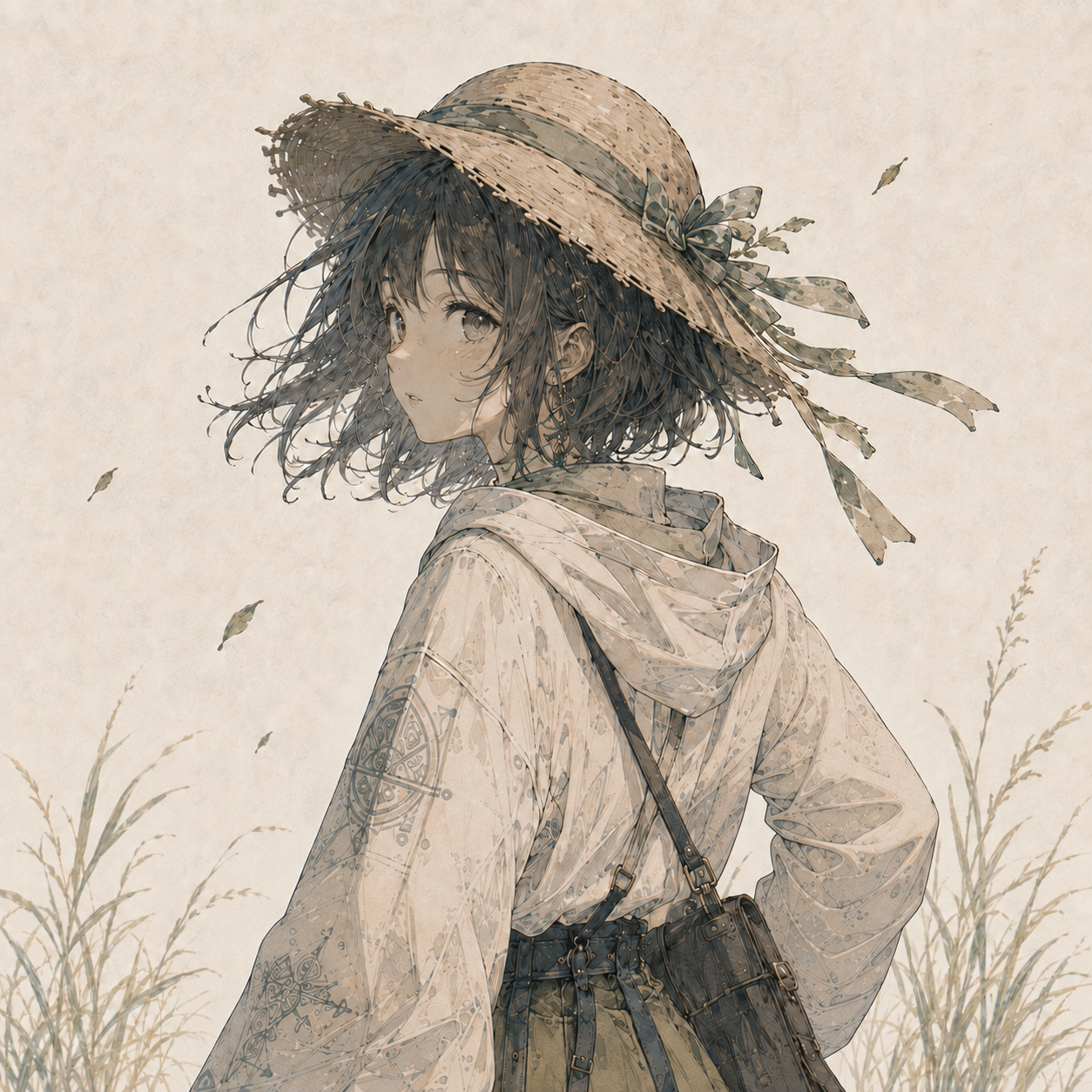 糖糖的个人形象插画——戴草帽的女孩在风中回眸
